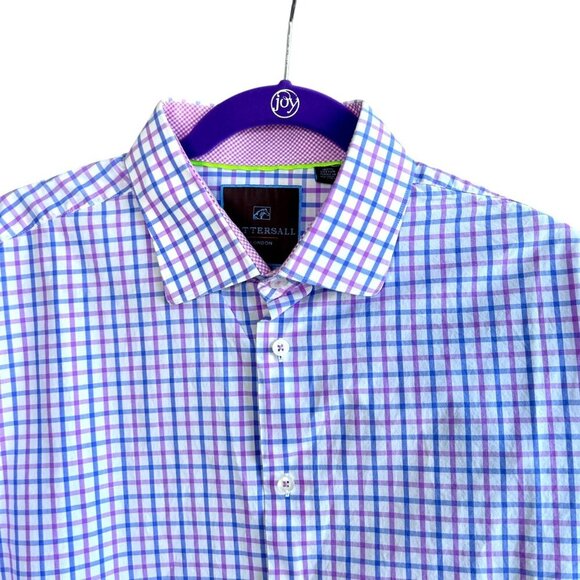 Tattersall London Pink Blue Plaid Check Spread Collar Dress Shirt Size 17 34/35 - Picture 3 of 9